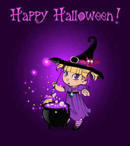 快乐的万圣节矢量贺卡与可爱的金发小女孩在服装和滑稽的蝙蝠在她的帽子混合扫帚沸腾药水在锅中的紫色发光背景与闪闪发光