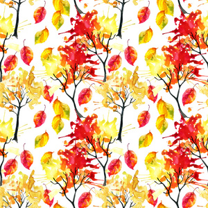 水彩秋天的树木和叶子无缝模式