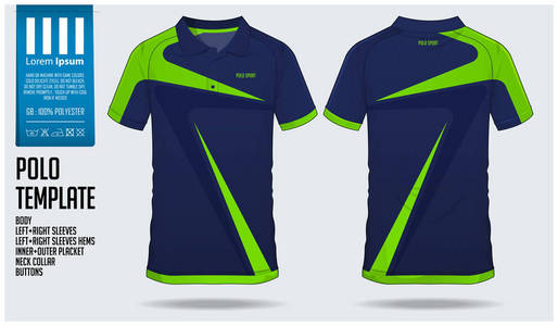 蓝色和绿色条纹马球 t恤衫运动模板设计足球球衣, 足球套件或运动装。运动制服在前面看法和后面看法。t恤衫为体育俱乐部做准备。矢量