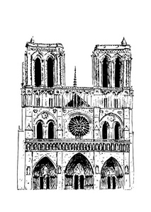 巴黎圣母院大教堂，巴黎的象征。法国观光。手绘图素描矢量图。旅游的地方。可以用在广告 明信片 印刷品 纺织