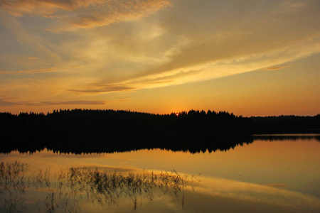 美丽的日落在湖卡累利, 太阳在树的后面, 在天空和森林的水反射, 橙色阴影