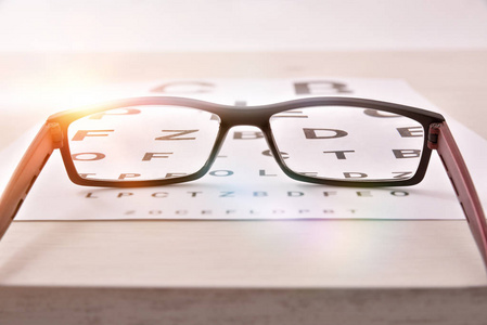 眼睛修订的概念与表与字母和矫正眼镜。提升视图。水平组合