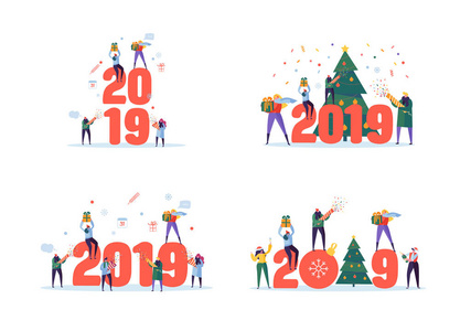 新年快乐2019贺卡. 平人字符庆祝党与礼品盒和五彩纸屑。矢量插图