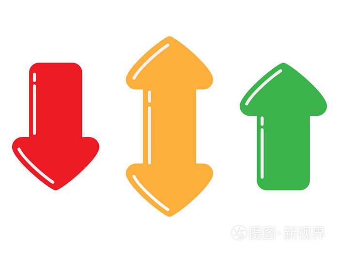 红色, 绿色和黄色箭头向上, 向下和双在不同的方向