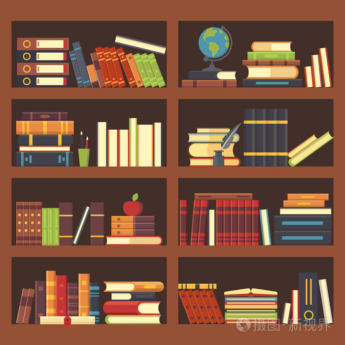 百科全书书在书架上.书架向量背景插图的堆教科书和杂志