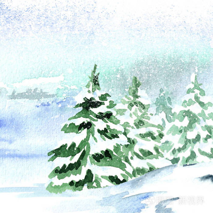 冬季背景 景观与降雪.水彩画手画插图