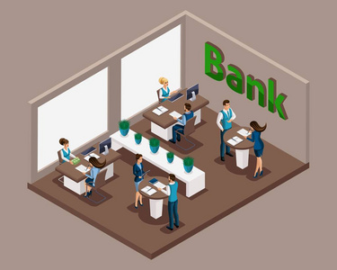 银行的等距办公室, 银行员工为客户服务, 发放贷款, 信用卡, 存款, 银行单元。电子服务