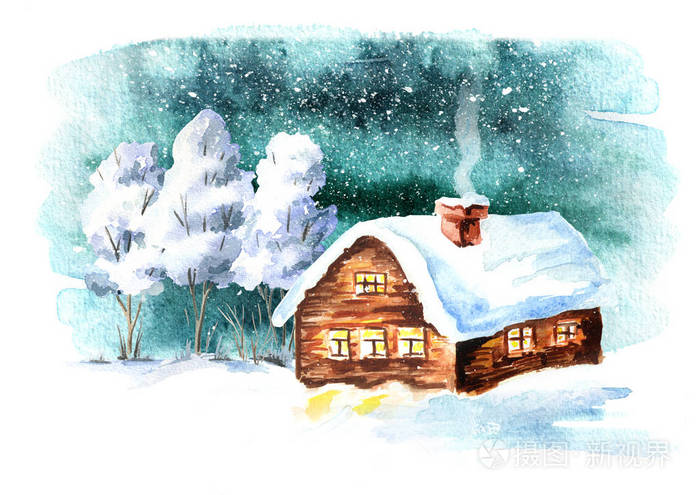 冬天的风景, 房子和树木下雪.水彩画手画插图
