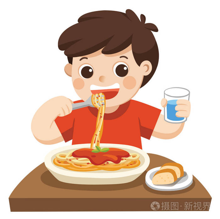 一个小男孩高兴地吃面条与叉子在盘插画-正版商用图片0sgar8-摄图新