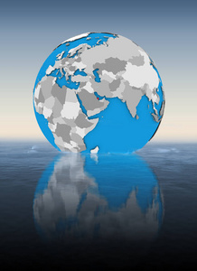 卡塔尔在世界上漂浮在水中。3d 插图