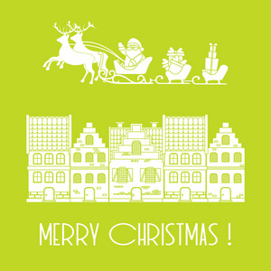 圣诞贺卡向量例证圣诞老人与礼物在雪橇与驯鹿和房子。明信片横幅印刷品的设计