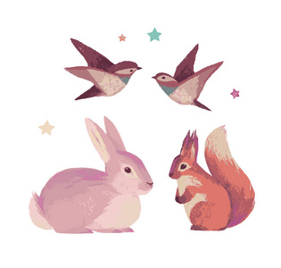 卡通兔子松鼠和小鸟的矢量插画照片