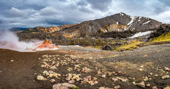 美丽多彩的火山山 Landmannalaugar 在冰岛, 夏季时间, 全景