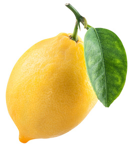 成熟的柠檬果与柠檬叶子在白色背景。文件包含剪切路径