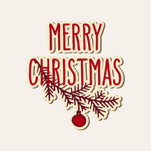 手绘涂鸦贺卡与云杉树装饰树枝和圣诞快乐的话。在白色查出的向量例证