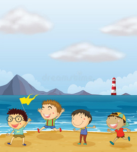 四个男孩在海滩上玩耍