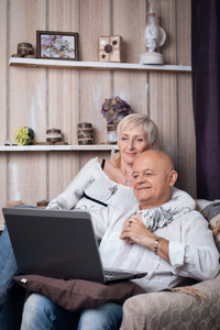 快乐老人夫妇从笔记本电脑在舒适的房间里阅读