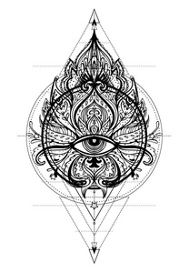莲花, 眼睛, 神圣的几何学。阿育吠陀象征和谐与平衡, 和宇宙。纹身肉设计, 瑜伽标志。波西米亚印刷, 海报, t恤纺织品。反压