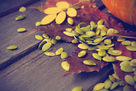 秋天概念与干燥叶子和南瓜种子在木背景, 柔和的相片