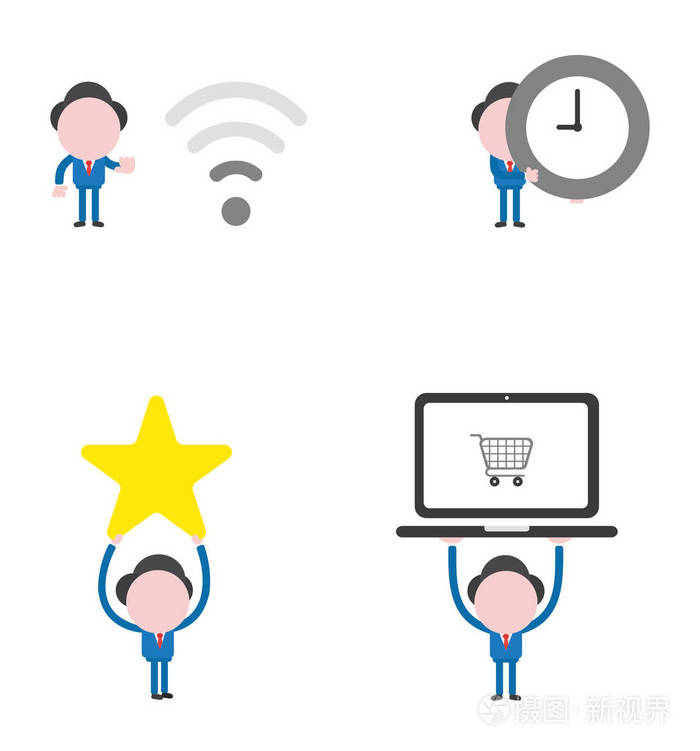 矢量插图集的商人吉祥物字符与无线 wifi 符号和低信号 持有时钟