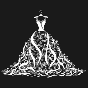 挂在衣架上的蕾丝婚纱礼服。美丽的矢量插图。剪影