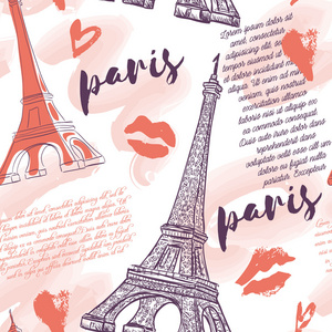 巴黎。 复古无缝图案埃菲尔铁塔亲吻心脏