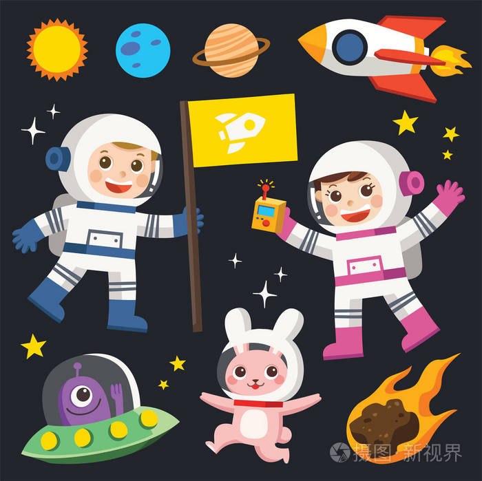 行星小行星宇宙宇宙飞船人造卫星小孩子太空宇航员女孩在太空火箭附近