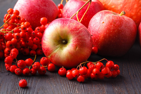 当地农民季节性收获主题, 苹果, 南瓜和浆果桌上