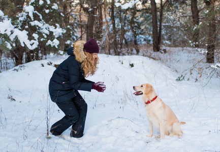 年轻妇女规划与金黄猎犬在冬天步行