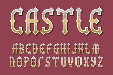 城堡金黄字母表。游戏中世纪风格的字体。独立英语字母表