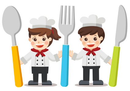 厨师孩子菜单。儿童用刀, 勺子和叉子