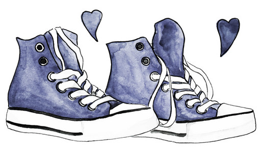 水彩的靛蓝牛仔布运动鞋搭配鞋子心中爱孤立的矢量