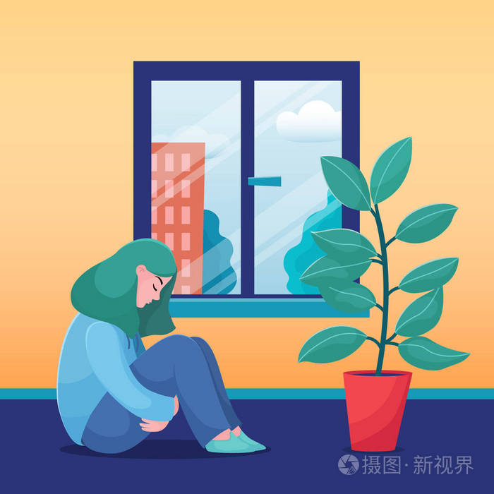 悲伤 不开心的女孩 独自坐在家里的女人
