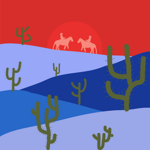组成。中性橙色和蓝色的插图。沙漠得克萨斯风景。矢量动画片沙漠与路仙人掌和岩石山