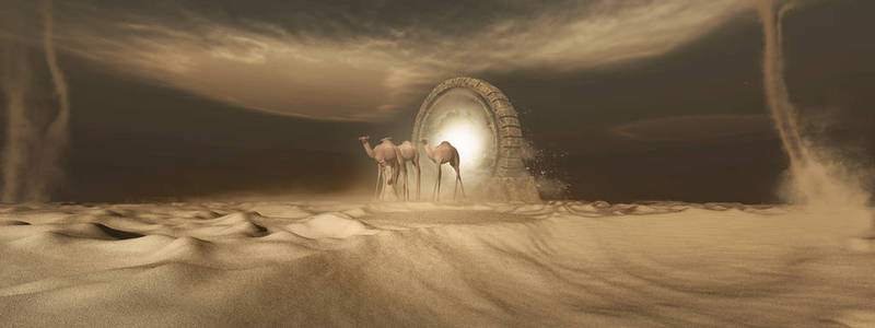 沙漠风光与神奇的门户和骆驼