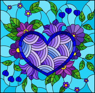 彩色玻璃的插图在蓝色背景的抽象蓝色心脏和花朵