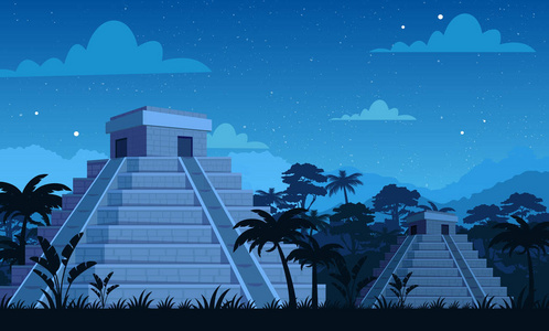 古玛雅金字塔在夜间与热带植物丛林和天空背景下的平面卡通风格的矢量图解