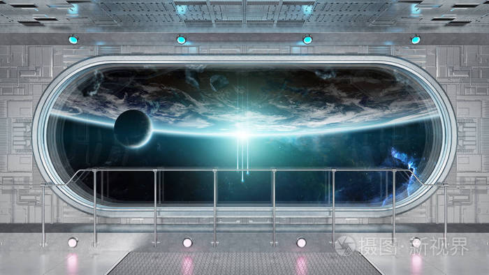 白色技术宇宙飞船圆形窗口内部与看法在行星地球3d 渲染元素这张图片