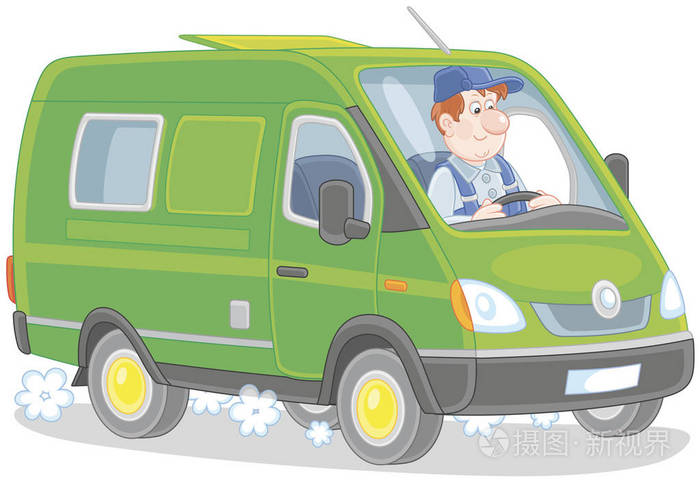 司机在他的快速送货车, 矢量插图的卡通风格