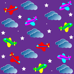 孩子无缝的模式与飞机五颜六色。蓝色背景。婴儿图案