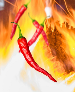 一些红色辣椒在背景下与火