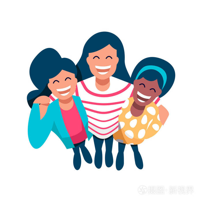 插画 不同的女性朋友组的女孩拥抱在一起的特殊活动.
