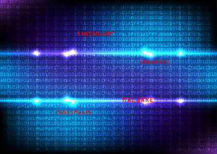 抽象恶意软件和数字数据概念。具有二进制代码背景的抽象技术与安全性