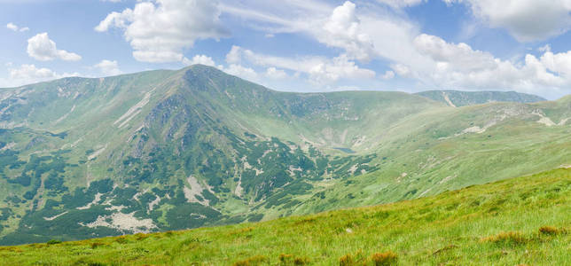 山脉的全景和高地谷与湖在天空的背景与云彩在里在里山脉