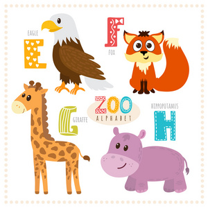 可爱的卡通动物。 带有有趣动物的动物园字母表。 eg