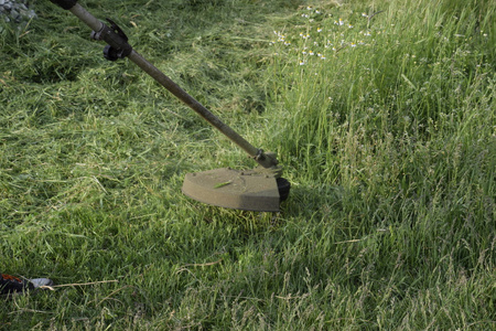 刈割利用钓鱼线微调的绿草。修剪机中的应用