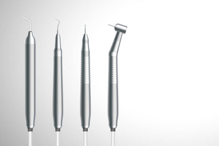牙科牙科仪器3d 虚拟设计集, 图示在灰度梯度背景下隔离, 具有复制空间