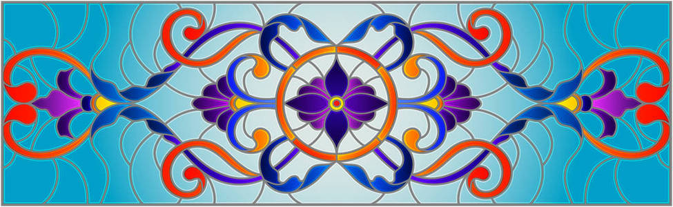 图中彩色玻璃风格与抽象的漩涡，花和叶在蓝色的背景，水平方向上