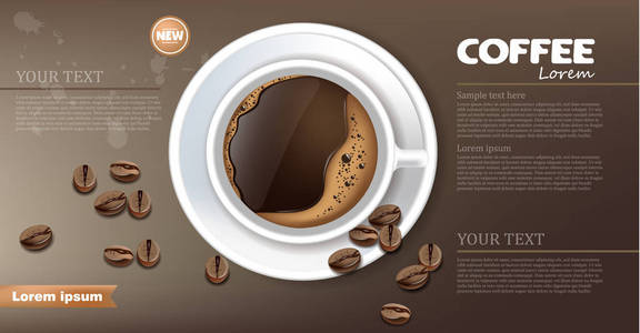 咖啡杯横幅矢量逼真。产品放置模拟。黑豆子咖啡背景顶部视图3d 插图