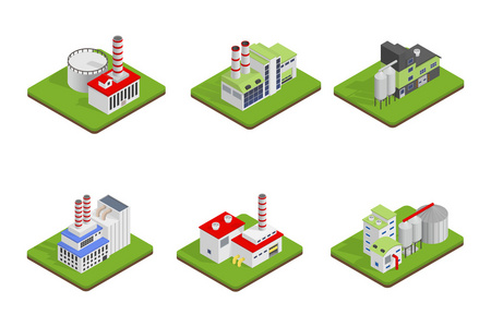 图标和成分的工业建筑 孤立的结构 主题等轴视图，3d